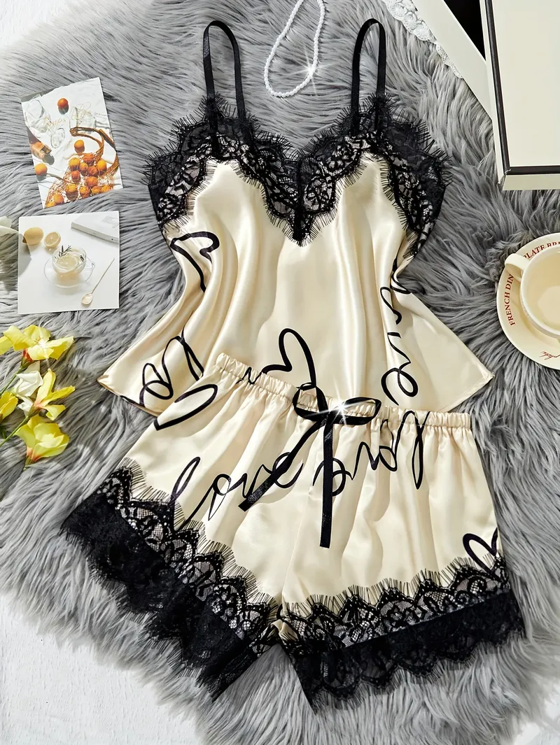 Damen-Pyjama-Set aus Milchseide, Sommer, ärmellos, gelber Herz-Print, Spitzenbesatz, weiche Sommer-Nachtwäsche, Lounge-Sets, Nachtwäsche
