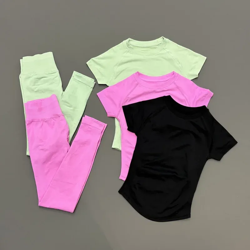 2-teiliges Damen-Yoga-Set, schmales Kurzarm-Oberteil, Leggings mit hoher Taille, nahtlos, für Workout, Fitness, schnell trocknend, Sportbekleidung