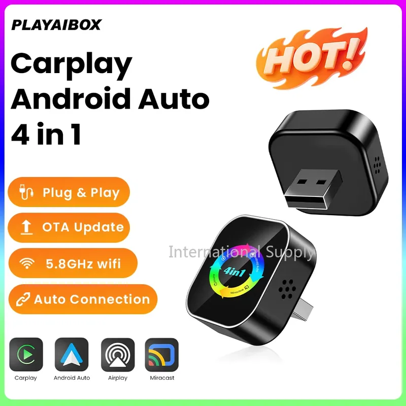 4-in-1 Wireless Carplay Adapter, kabelloses Android Auto für Airplay Mirror Link, Smart Mini AI Box, USB Plug-and-Play, automatische Verbindung