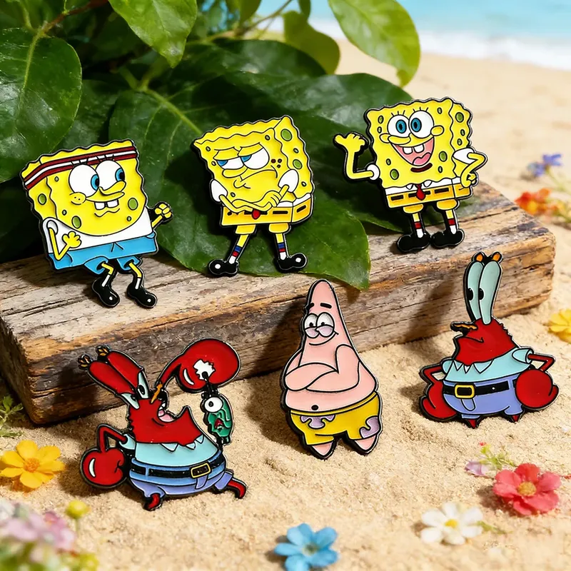 6-teiliges SpongeBob Schwammkopf Anime Cartoon Broschen-Set, klassische Emaille-Pins, Metallabzeichen für Rucksäcke und Kleidung, Schmuckgeschenk