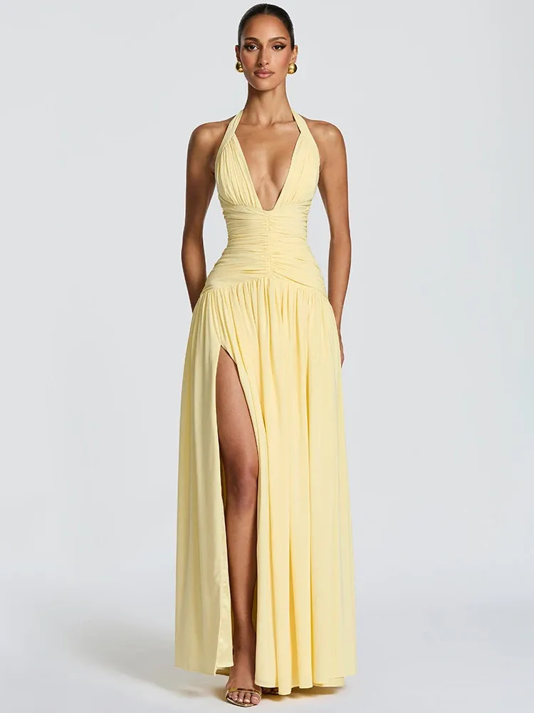 Mozision Halter-Kleid mit Tiefem V-Ausschnitt Sexy Maxikleid für Damen Elegantes Schulterfreies Ärmelloses Kleid mit Hohem Schlitz Plissiertes Club-Party-Langes Kleid
