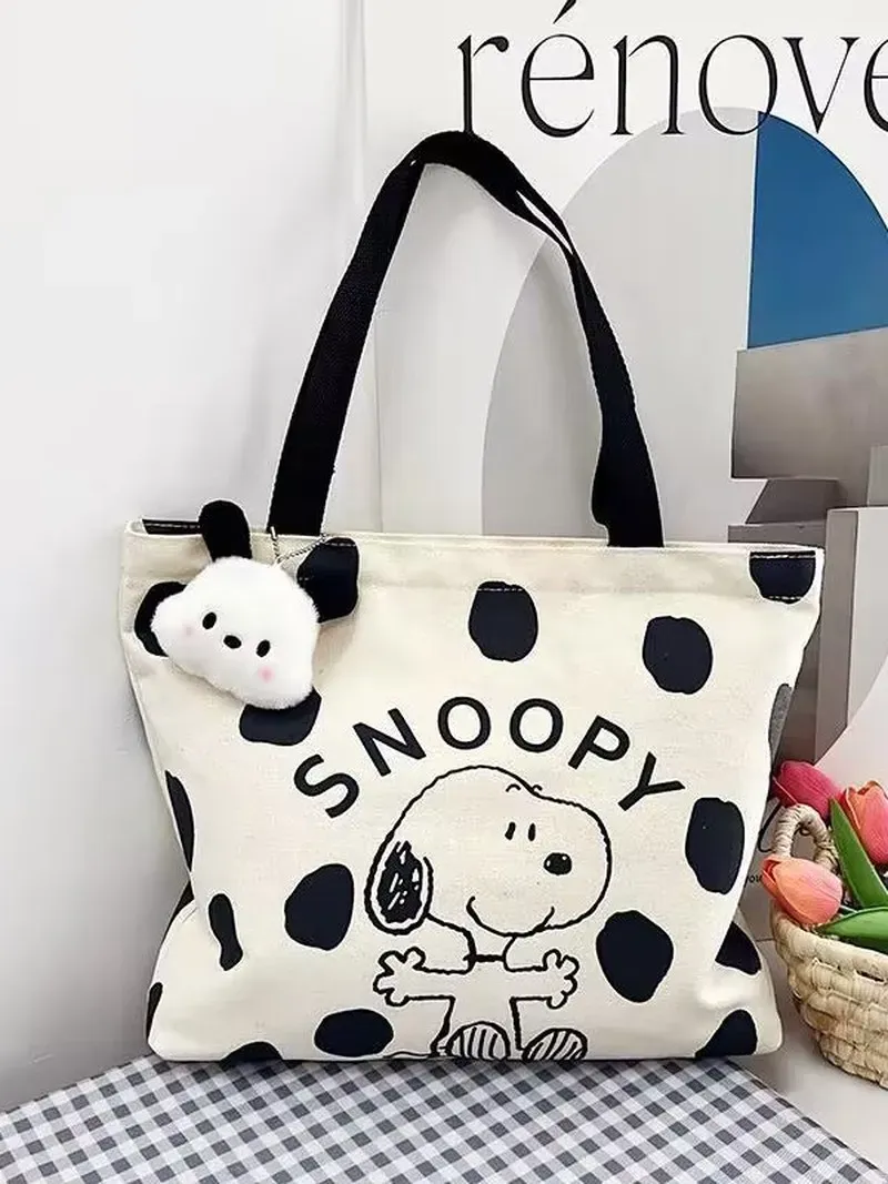 Cartoon Snoopy Reißverschluss-Schultertasche aus Segeltuch für Damen, große Kapazität, Tragetasche, lässige Handtasche für Studenten, täglicher Gebrauch, Reise-Shopper