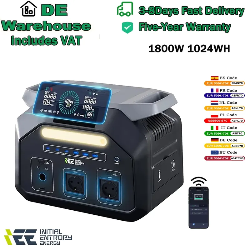 IEE P1800 Tragbare Powerstation 1800W Solargenerator 1024Wh EV-Qualität LiFePO4-Batterie 11 Ausgangsanschlüsse 220V 3600W Spitzenleistung Powerbank
