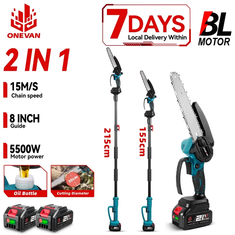 ONEVAN 8-Zoll 2-in-1 Bürstenlose Elektrische Kettensäge Kabellose Hochastsäge Garten-Baumschneidewerkzeug für Makita 18V Akku