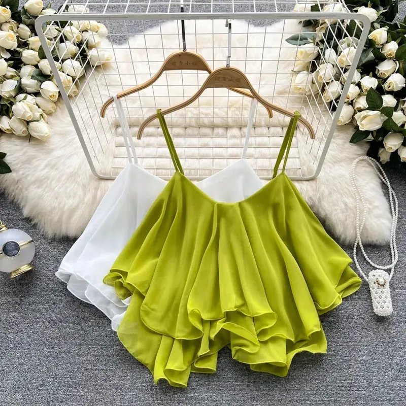 Neue Sommer Spaghetti träger Rüschen ärmellose Tanks und Camis koreanische Korsett Crop Tops solide Tank Unterhemden Frauen Kleidung y2k