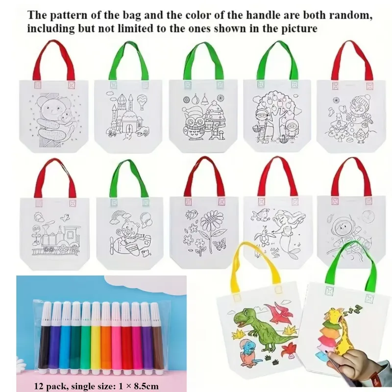 24-teiliges Set (12 Beutel + 12 Marker), DIY-Graffiti-Packung mit farbigen Marker, wiederverwendbare Tierkunst-Party-Geschenktüten, Aufbewahrungszubehör