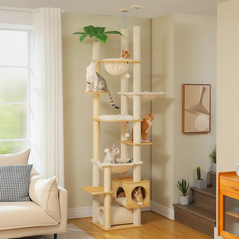 Höhenverstellbarer Kratzbaum aus Holz mit großer Hängematte, Sisal-Kratzbäume, vom Boden bis zur Decke reichender Katzenturm, gemütliche Katzenwohnung für den Innenbereich