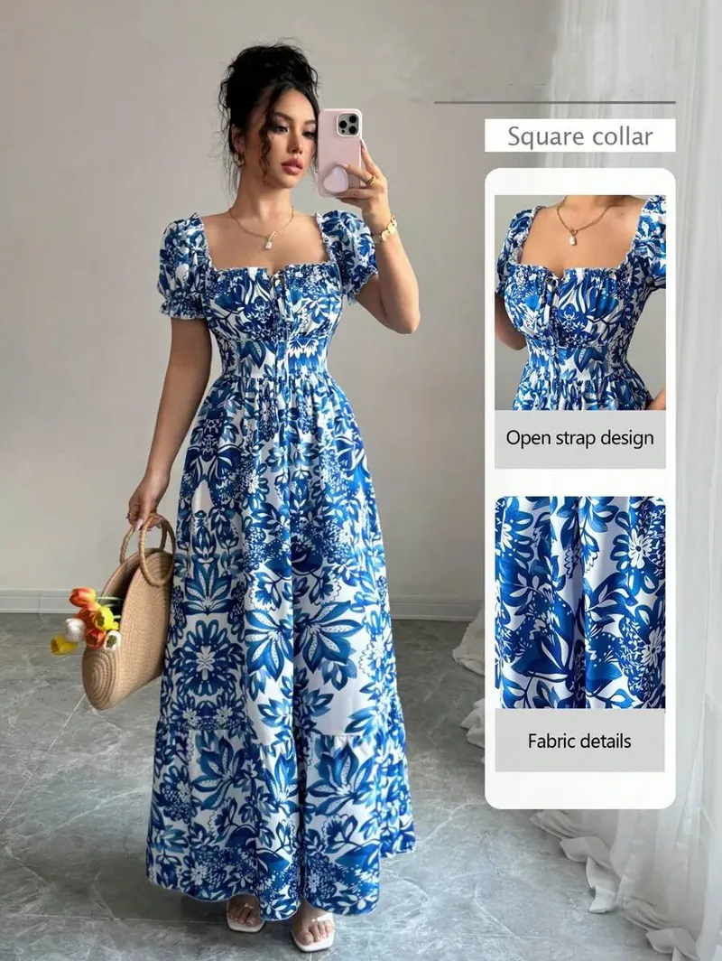 Elegantes Damenkleid mit Blumendruck und Blasenärmeln, blaues langes Kleid, vorne geschnürte Rückseite, geraffte Taille, lässiger Urlaub
