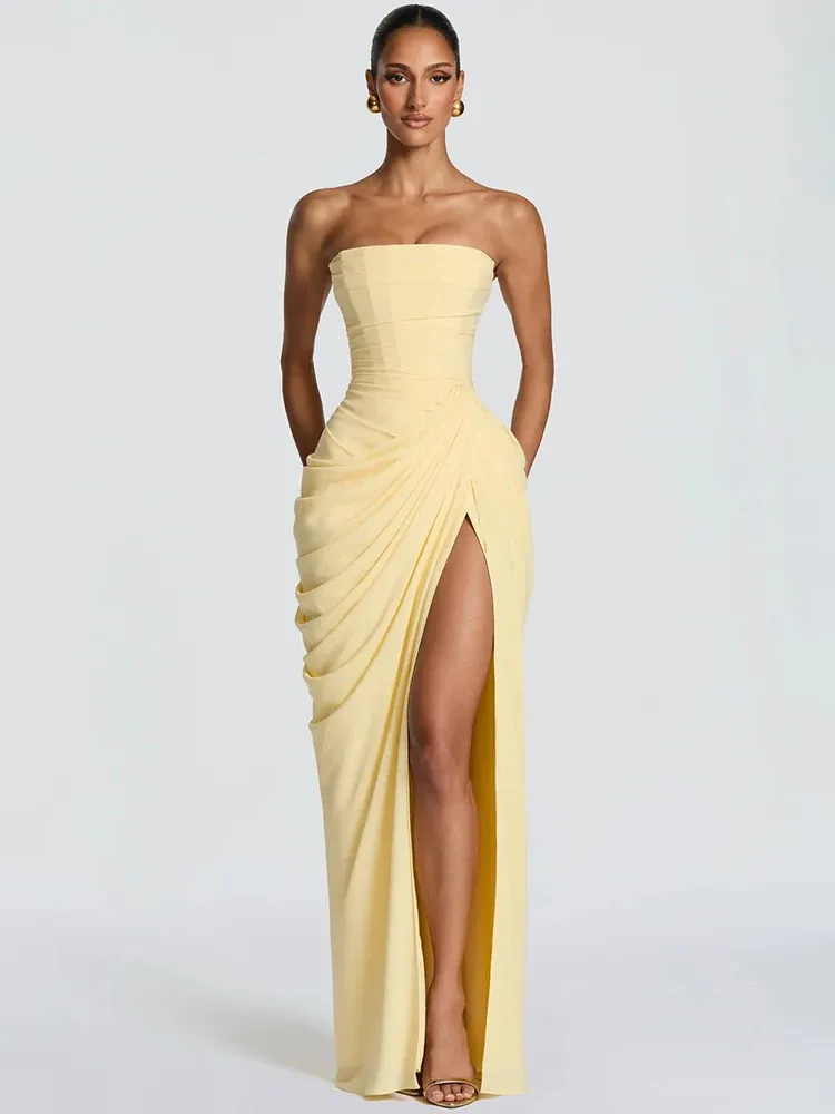 Mozision Chiffon Schulterfreies Trägerloses Sexy Maxikleid Elegantes Ärmelloses Rückenfreies Hochgeschlitztes Gerafftes Club-Party-Kleid für Damen