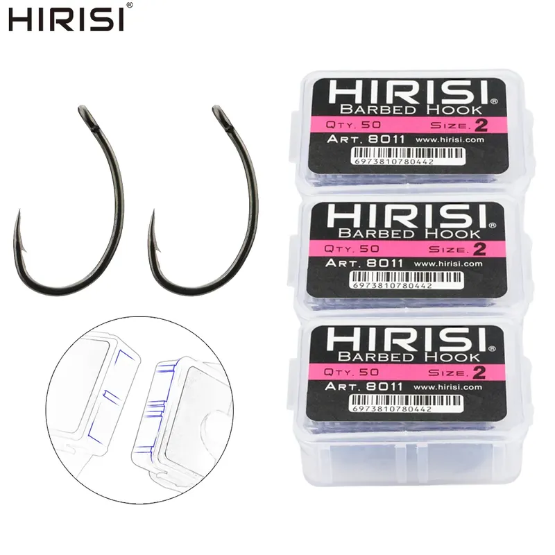 Hirisi 50/100 Stück PTFE-beschichtete Karpfenangelhaken aus Stahl mit Widerhaken in Box 8011 Angelzubehör