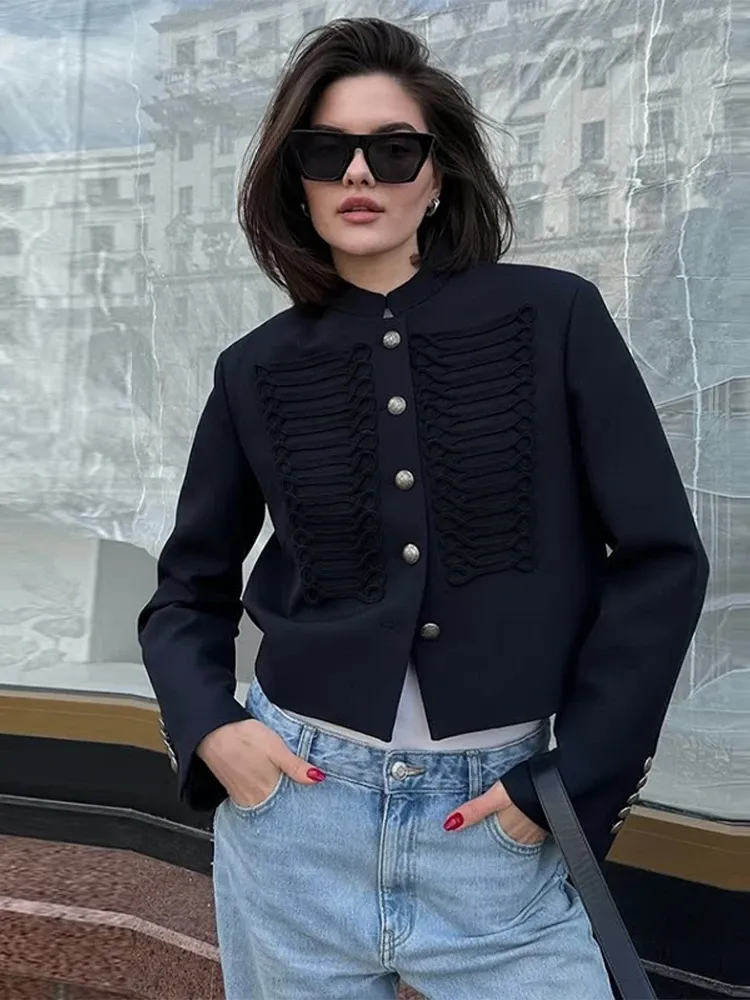 Vintage Napoleon Kurze Jacke für Damen Stehkragen Langarm Einreihiger Schlanker Mantel 2026 Frühling Damen Neue Streetwear