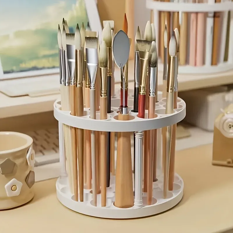 360 °   Drehbarer Pinselhalter - Weißer Kunststoff-Organizer mit Glanzfinish, Platzsparendes Design für Kunstpinsel, Stifte, Make-up-Utensilien
