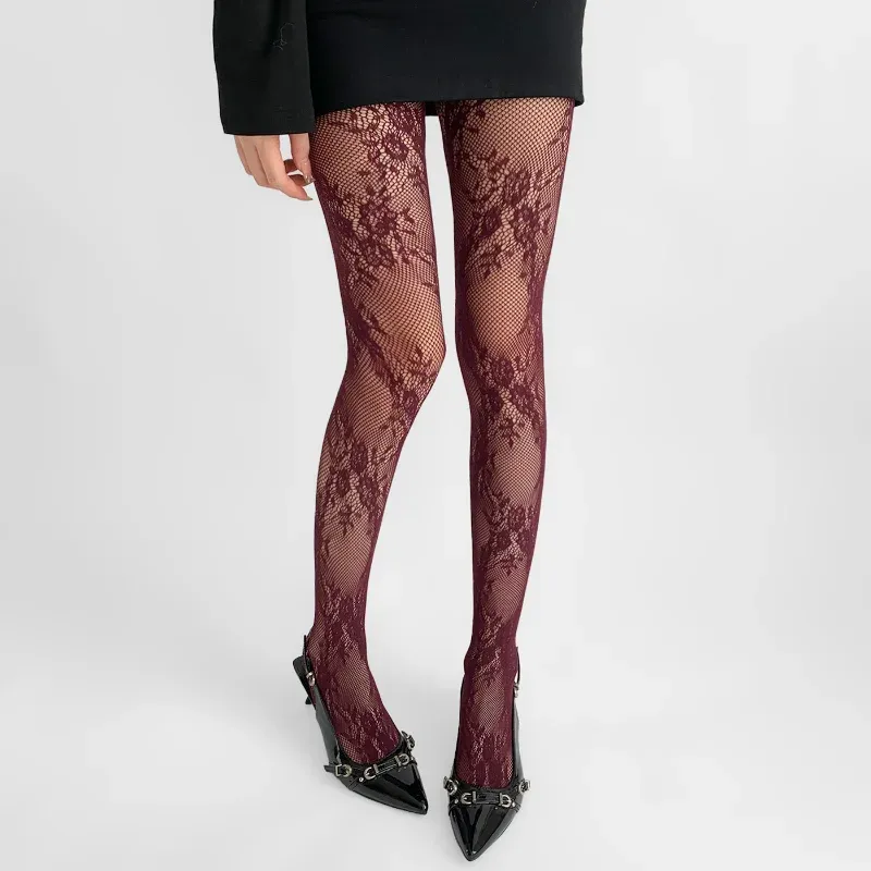 Koreanische Ins-Hohlspitzen-Netzstrümpfe für Damen, heiße Strumpfhosen, japanische Lolita-Retro-Blumen-Rattan-Langsocken im Vintage-Stil