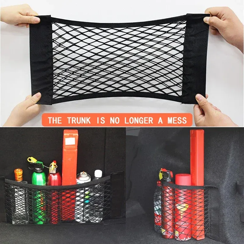 Doppelschichtige Netztasche mit Rückfach, Aufbewahrung, universeller Kofferraum-Organizer hinten für Sitznetz mit magischem Klebeband, Auto-Innenraum