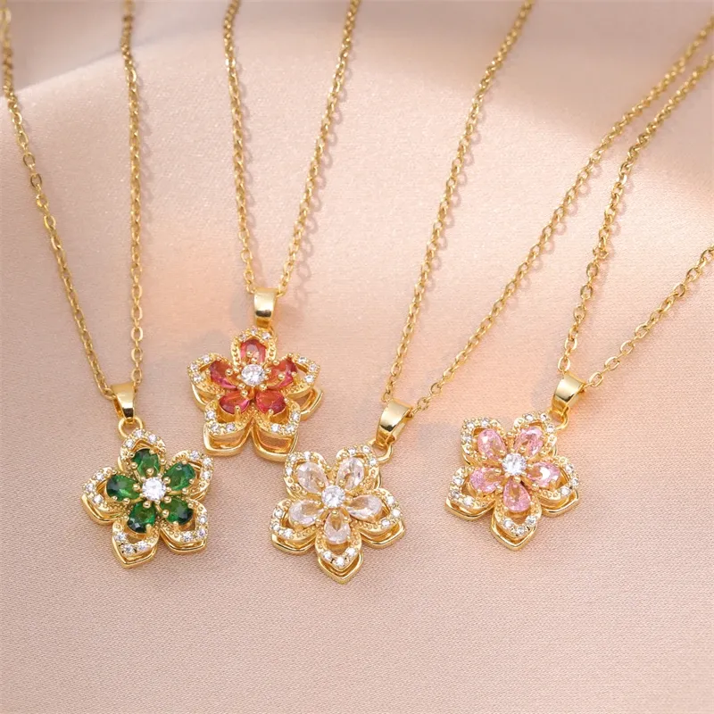 Glänzende Zirkon Romantische Blume Anhänger Halskette Für Frauen Vergoldet Drehbare Blumen Halsband Mädchen Hochzeit Party Luxus Schmuck