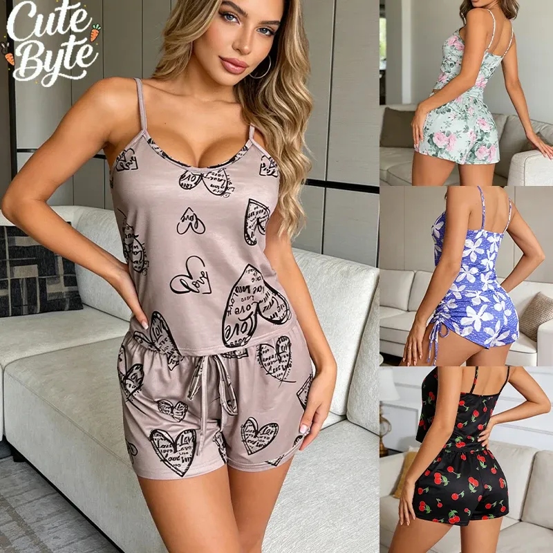Damen Sexy Pyjama Satin-Schlafanzug mit Aufdruck Rundhals Eisseide Top T-Shirt und Shorts Set Atmungsaktive Bequeme Heimkleidung Neu