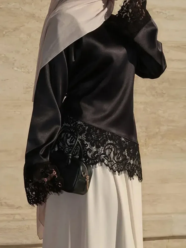 Schicke Damen-Oberteile mit Spitzen-Patchwork, Schwarz, Langarm, Gürtel, O-Ausschnitt, Reißverschluss, Frühlingstop, Modische Lockere Streetwear-Bluse 2026