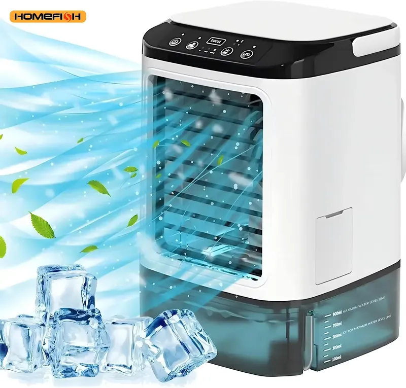 HOMEFISH Klimaanlage, tragbarer Ventilator, Desktop-Doppelspray, Ultraschall-Zerstäubung, 3-Gang-Stummschaltung, Luftkühler, Nachtlicht, elektrischer Ventilator