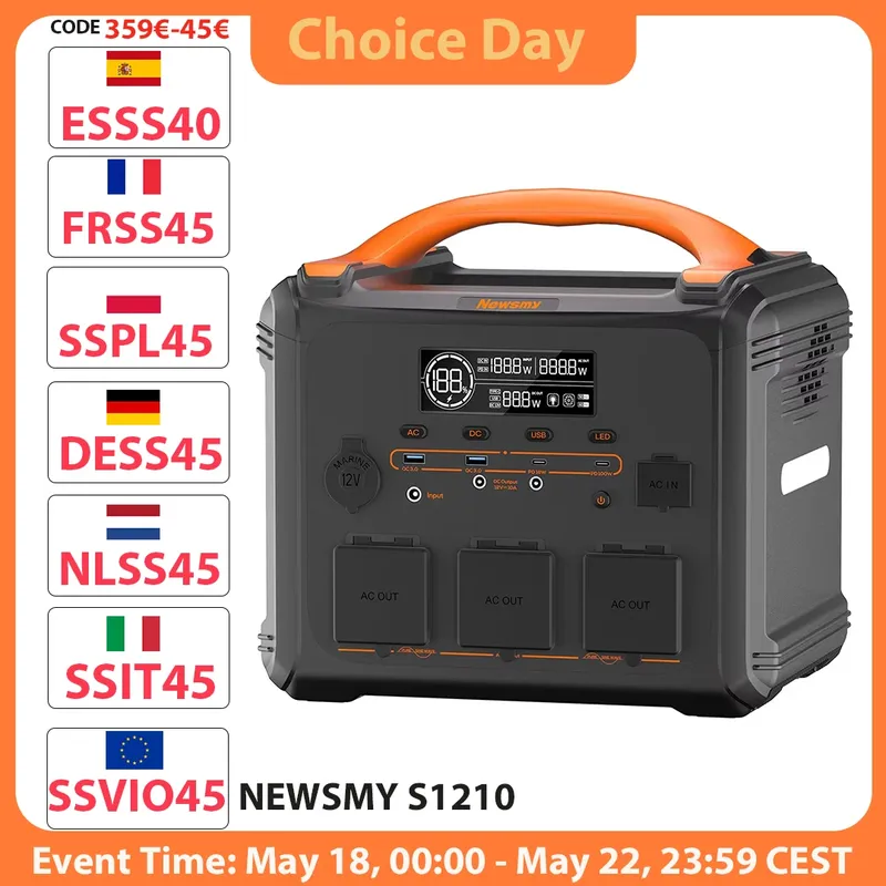 NEWSMY S1210 2000W Tragbare Powerstation, 3000W Spitzenleistung, 1102,5Wh LiMnFePO₄-Akku, 1300W AC Schnellladung, MPPT Solargenerator