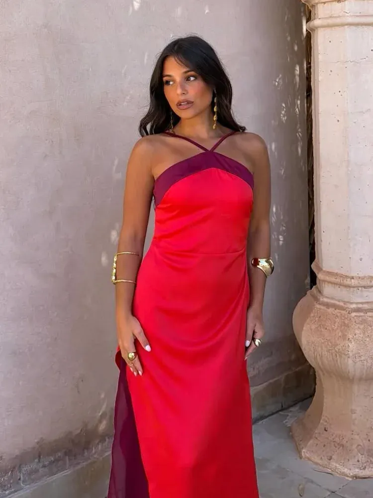 Sexy Farbblockierendes Neckholder-Maxikleid ﻿ Damenkleider Elegant Rückenfrei Schulterfrei Ärmellos Schlanke Abendkleider 2026 Neue Damen-Partykleider
