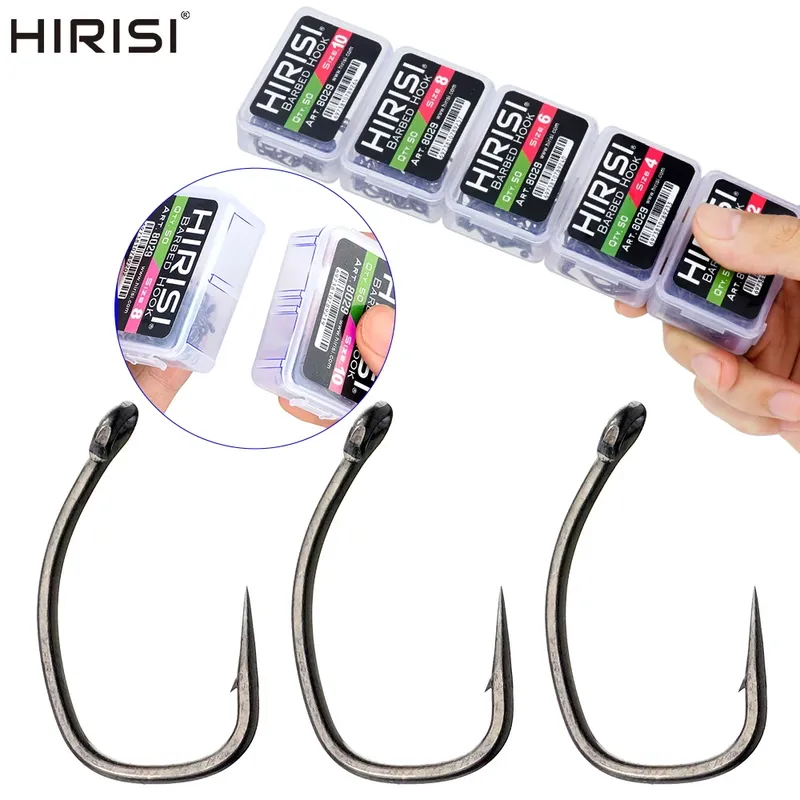 Hirisi 50/100 Stück PTFE-beschichtete Karpfenangelhaken mit Öse, Mikro-Widerhaken, Hochkarbon-Stahl 8029, Angelzubehör, Verbindbare Box