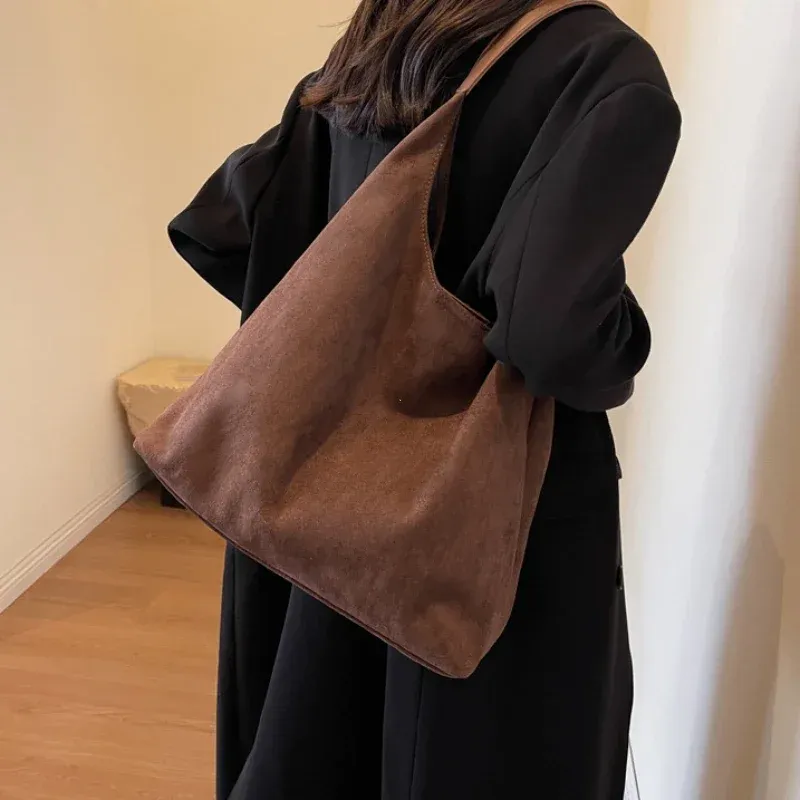 Herbst und Winter Vintage frauen Tasche Große Kapazität Wildleder Schulter Tasche Einfarbig Einfache Casual Pendler Tasche Retro Handtaschen