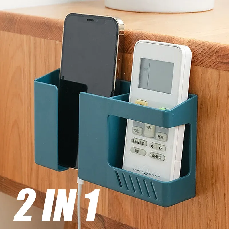 2-in-1 Wandmontierte Handy- und Fernbedienungsaufbewahrungsbox, multifunktionales, bohrfreies Aufbewahrungsregal, Wandhalterung für Kleinteile