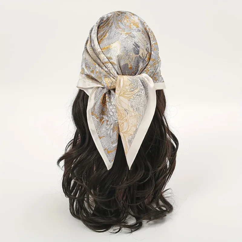 Quadratischer Seidenschal für Damen im Bohemian-Stil mit Blumendruck, Satin-Kopftuch, tropisches Blatt- und Blumenmuster, Schals, Bandana, Hijab