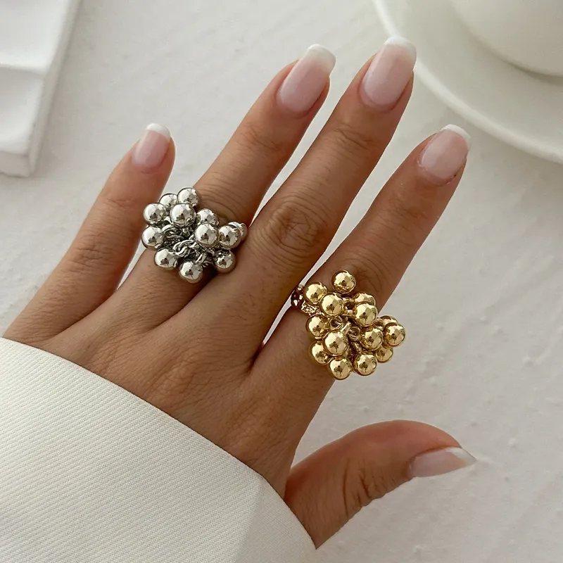 IngeSight.Z Kreatives Design CCB Kleiner Kugelring für Damen und Herren, trendiger unregelmäßiger offener Metall-Fingerring, Paar-Punk-Schmuck
