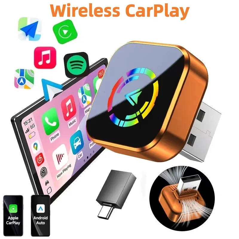 2-in-1 Kabelloser Carplay Android Auto Adapter Kabelgebunden zu Kabellos Carplay-Adapter USB/USB-C Anschluss Kabellose Steuerung Plug & Play Carplay