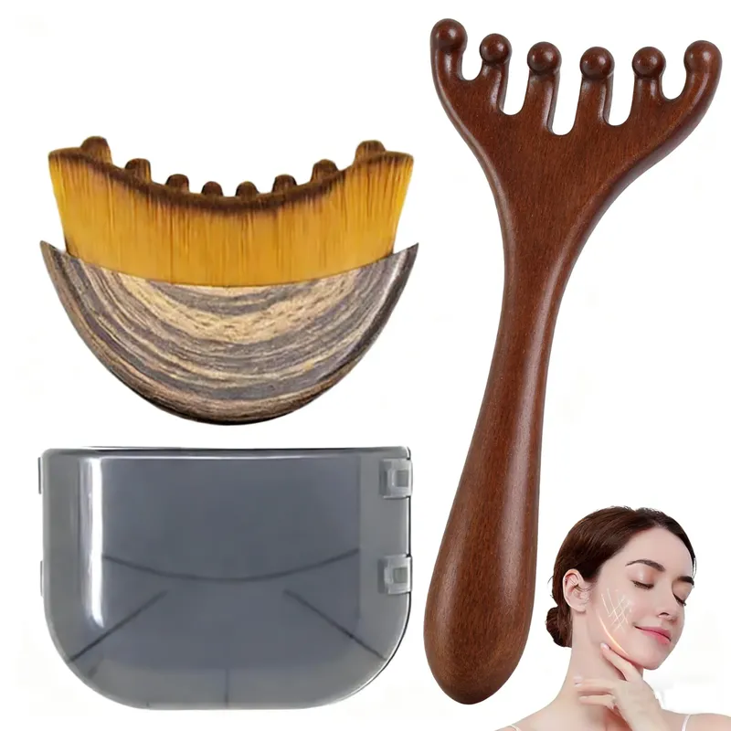 Lymphatische Kontur-Gesichtsbürste & Holz-Meridian-Massagekamm Antistatisch 6-Klauen, Kieferlinien-Formung, Drainage-Massagegerät für Gesicht & Kopf