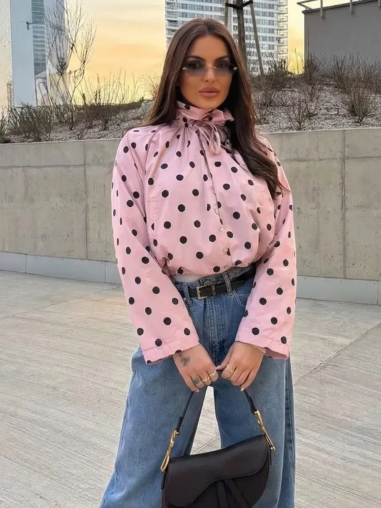 HH Damen Elegante Mode Gepunktete Rosa Jacke Einreihiger Hochkragen-Mantel mit Kordelzug Frühling Damen Trend Streetwear Oberbekleidung