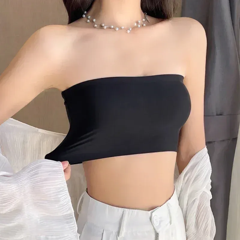 Ein Stück Sommer Sexy Rohr Tops Frauen Liebsten Push-Up Bh Dessous Eis Seide Dünne Nahtlose Wort Sling Schwarz Weiß Bralette Top
