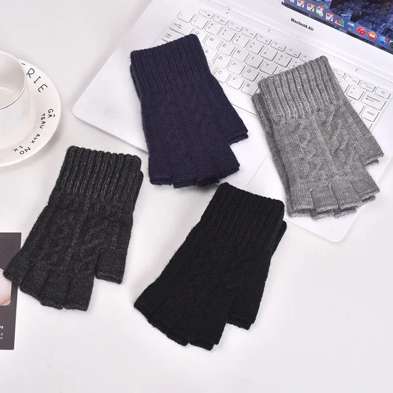 Gestrickte Dicke Thermo-Halbfingerhandschuhe Damen Herren Winter Outdoor Warme Wolle Fahren Fingerloser Handschuh Touchscreen-Fäustlinge