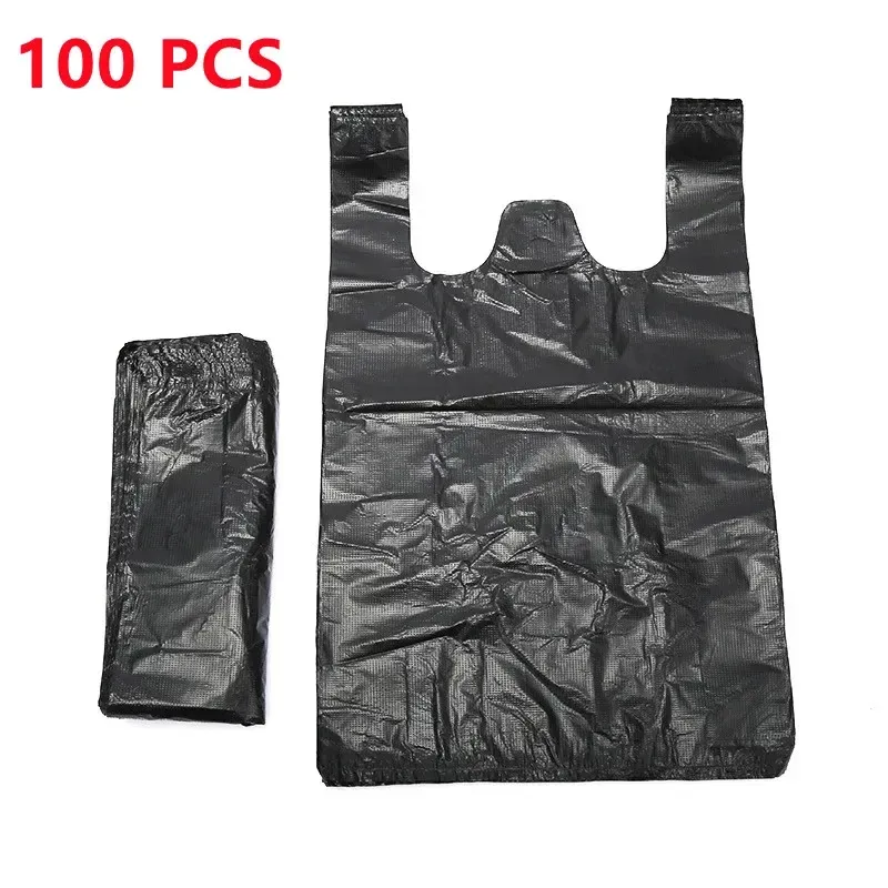 100PCS Schwarz Kunststoff Einkaufstasche Weste Lagerung Tasche Verdickt Supermarkt Einkaufen Verpackung Zum Mitnehmen Küche Müll Lagerung Tasche