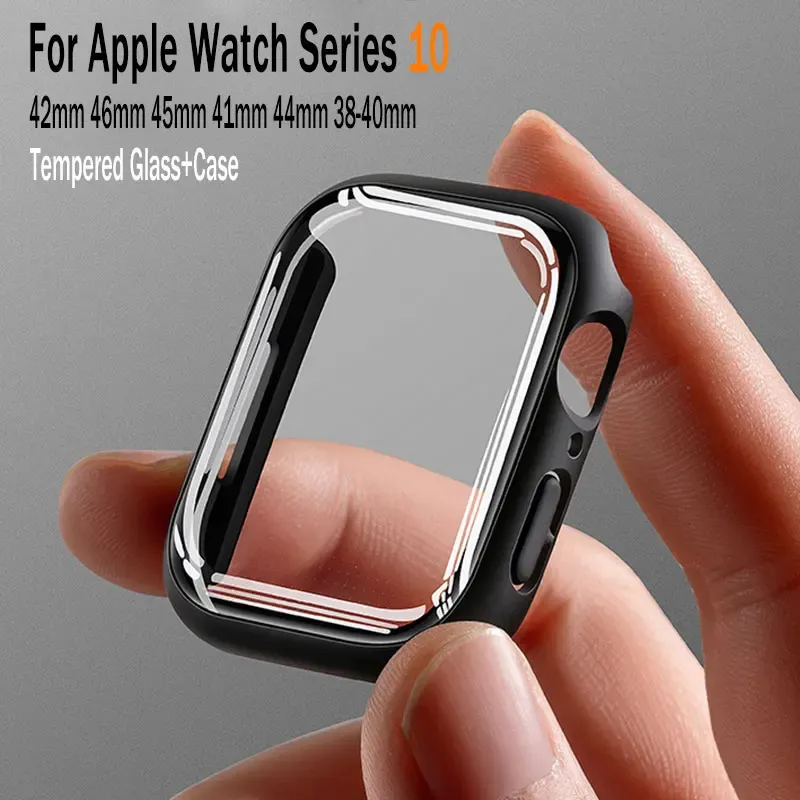 Gehärtetes Glas + Hülle für Apple Watch 42mm 46mm, matte Hartplastik-Schutzhülle mit Displayschutz für iWatch Serie 10 42/46 Zubehör