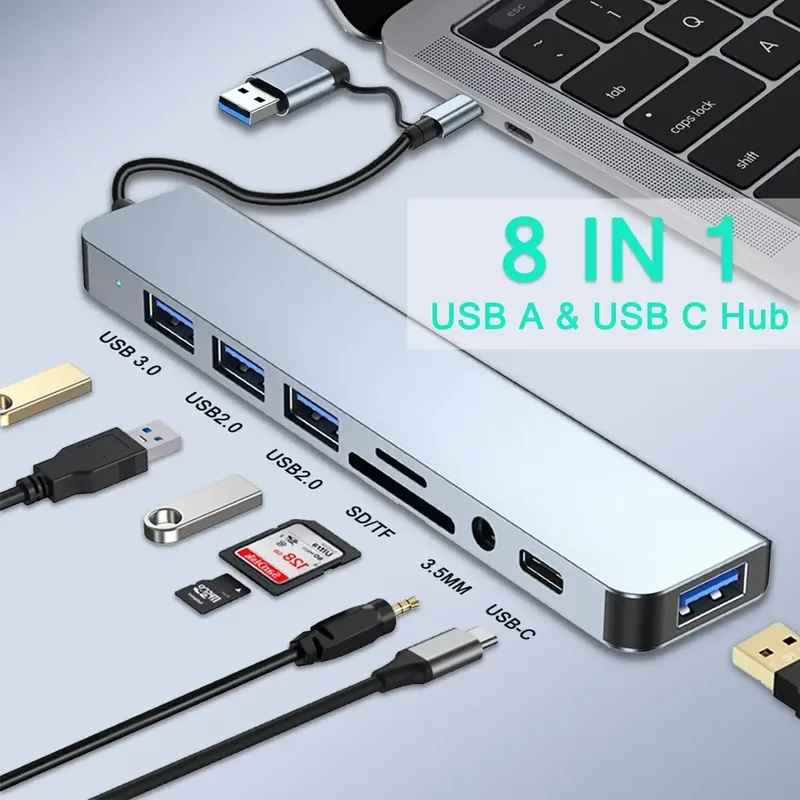 8-in-2 USB-Hub mit Splitter-Kartenleser, USB-C-Anschluss, USB 3.0 / 2.0, SD/TF-Splitter-Kartenleser, Dockingstation