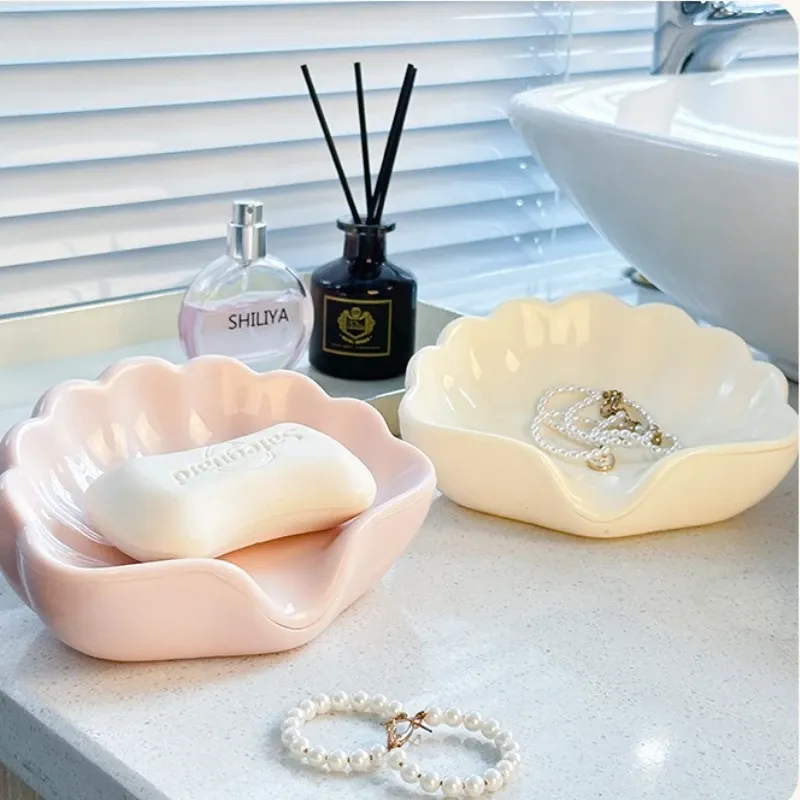 1 Stück Seifenablage im nordischen Stil in Muschelform für Badezimmer, Kosmetik- und Schmuckaufbewahrungsbox, weiße und rosa Tischdekoration, Seifenetui