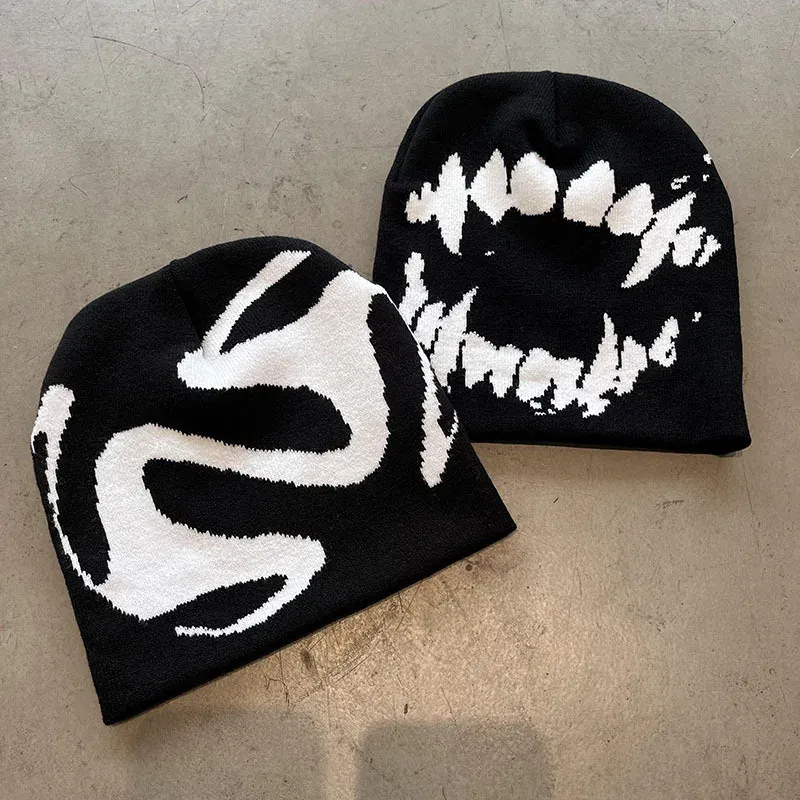 Damen Mütze Strickmützen Goth Zahnkappen Herren Y2k Streetwear Winter Mode Pullover Kpop Harajuku Vintage Warm Hip Hop 2029