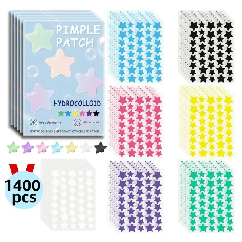 1400 Stück Bunte Sternförmige Pickel-Entfernungs-Aufkleber Unsichtbare Atmungsaktive Hydrokolloid-Akne-Patches Anti-Akne-Flecken Abdeckung Make-up