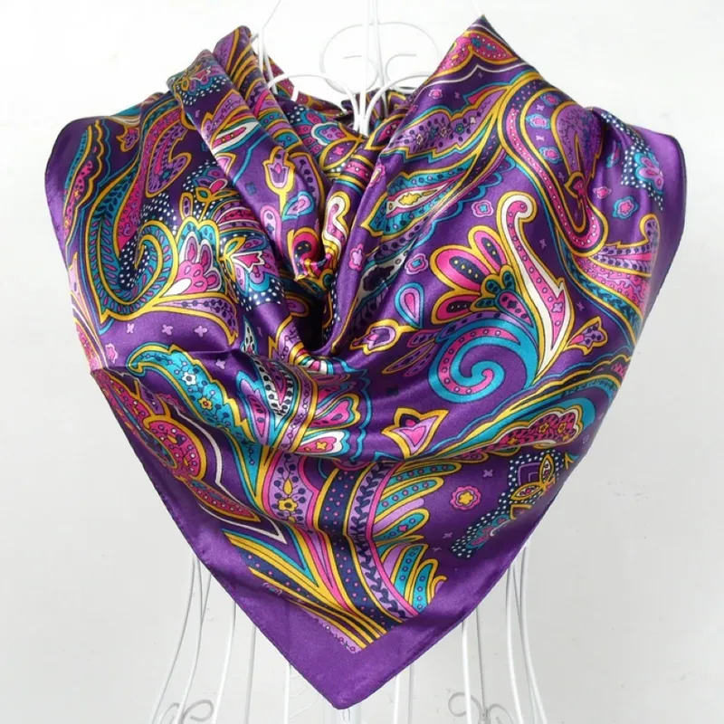 Frühlings- und Herbst-Satin-Schal für Damen, große quadratische Schals, Hijabs bedruckt, Damenschal, lila Polyester-Seidenschal, 90 x 90 cm