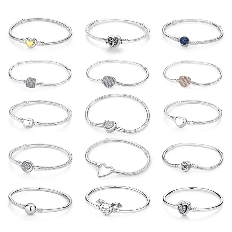 Original 925 Sterling Silber Armbänder Armreifen Liebe Herz Clip Charms Perlen Schlange Ketten Für Frauen Rose Gold DIY Luxus Schmuck