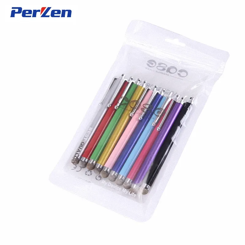 10 teile/paket Hohe Qualität Metall Kapazitiven Touch Pen Stylus Bildschirm Faser Kapazitiven Tuch Für Telefon Tablet Laptop + Zip Tasche