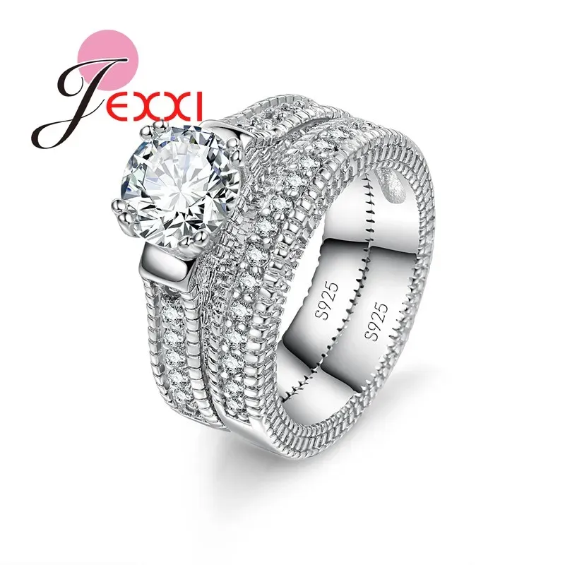 Eleganz 925 Sterling Silber 2-teiliges Ring-Set gepflastert, komplett hochwertig, glänzende Kristalle, Anel für Frauen, Braut, Hochzeit, Schmuck