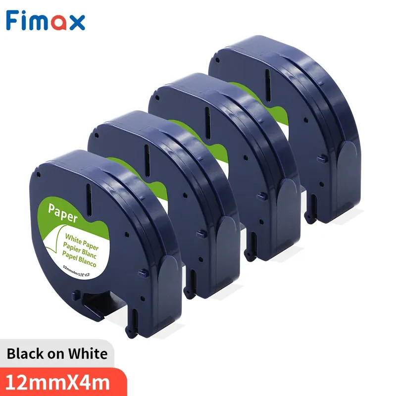 4/10 Stück 91200 kompatibel für DYMO LetraTag Etikettenband 91220 91330 59421, Schwarz auf Weiß, 12 mm x 4 m Papier für DYMO Etikettendrucker