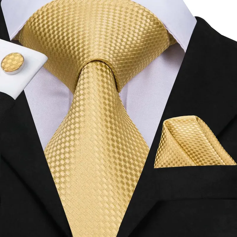 Hallo-Krawatte Männer Krawatte Seide Krawatte Hohe Qualität Business Gold Krawatten und Taschentuch Manschettenknöpfe Set Anzug Hochzeit Partei Gelb männer Krawatte Set