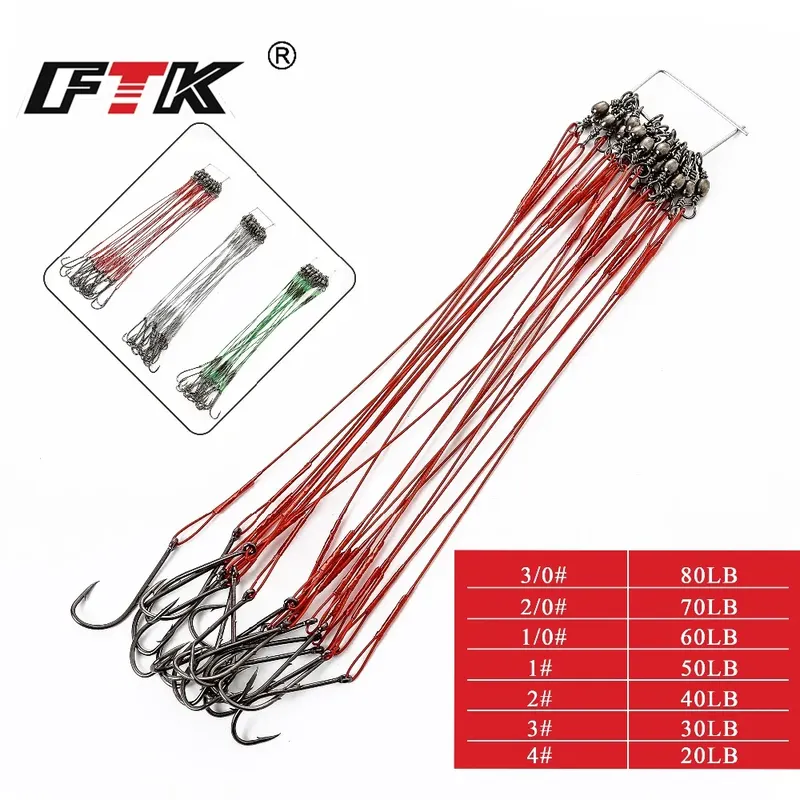 FTK 20 Stück/Set 3 Farben 20LB-80LB Bissfeste Stahl-Angelschnur Stahldraht-Vorfach mit Wirbel Angelzubehör