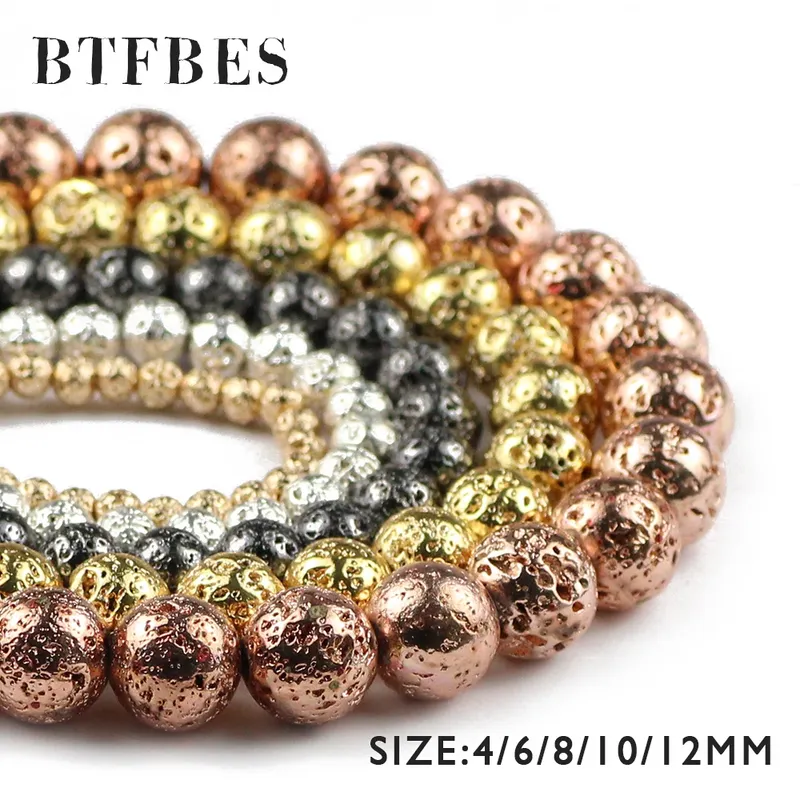 BTFBES versilberte goldfarbene Lava-Perlen, Vulkangestein, Naturstein, 4, 6, 8, 10, 12 mm, lose Perlen für Schmuck, Armbänder, DIY