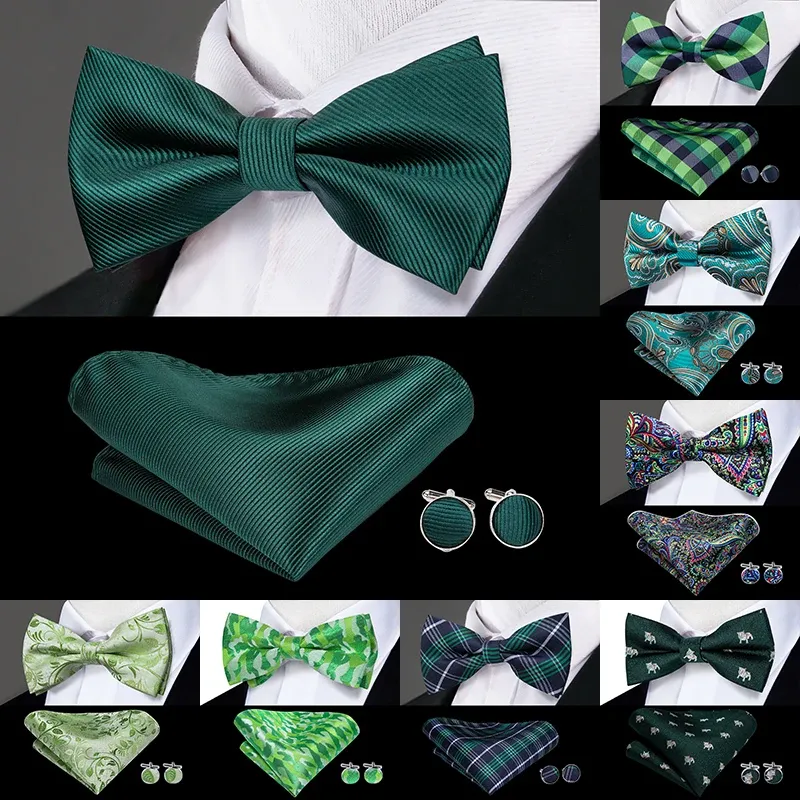 Hallo-Krawatte Weihnachten Grün Bogen Krawatten für Männer Seide Schmetterling Krawatte Fliege Hanky Manschettenknöpfe Set Hochzeit Party Paisley plaid Solide Bowtie