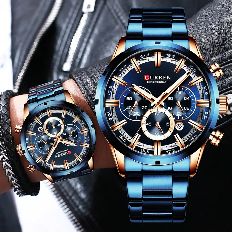 Curren Herrenuhr, blaues Zifferblatt, Edelstahlband, Datum, Herren-Business-Herrenuhren, wasserdicht, luxuriöse Herren-Armbanduhren für Herren